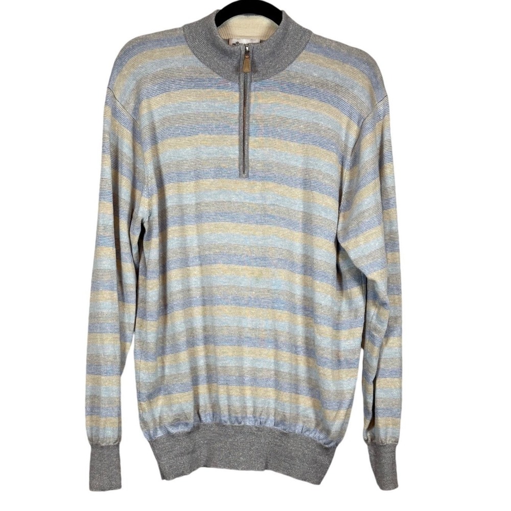 PETER MILLAR Men's 1/4 Zip Wool Linen Sweater, Striped, Size L
